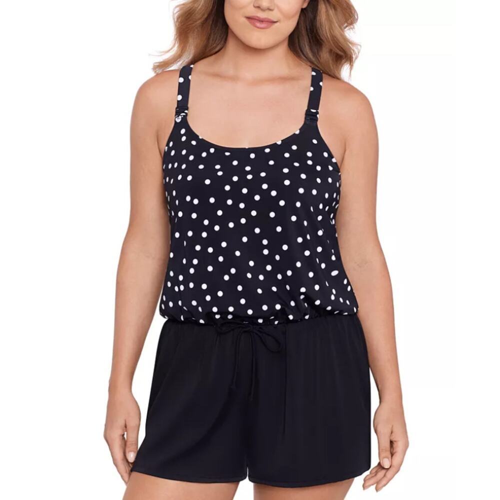 Swim Solutions Women's Polka Dot One Piece Swim Romper Size 16W Black White NWT